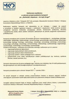 Deklaracja współpracy - wojewódzka kampania "Narkotyki, dopalacze – nie tędy droga!”. 