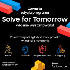Na czarnym tle biały napis: Czwarta edycja programu Solve for Tomorrow właśnie wystartowała! Zbierz zespół i zgłoście swój projekt w jednej z kategorii: klimat, zdrowie, bezpieczeństwo, integracja. Together for Tomorrow! Enabling People!
