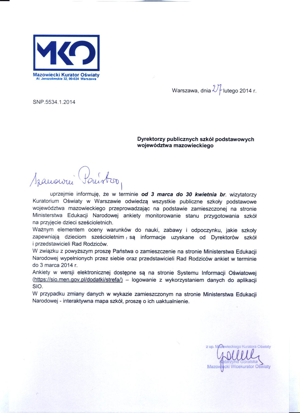 Pismo Mazowieckiego Kuratora Oświaty do Dyrektorów publicznych szkół